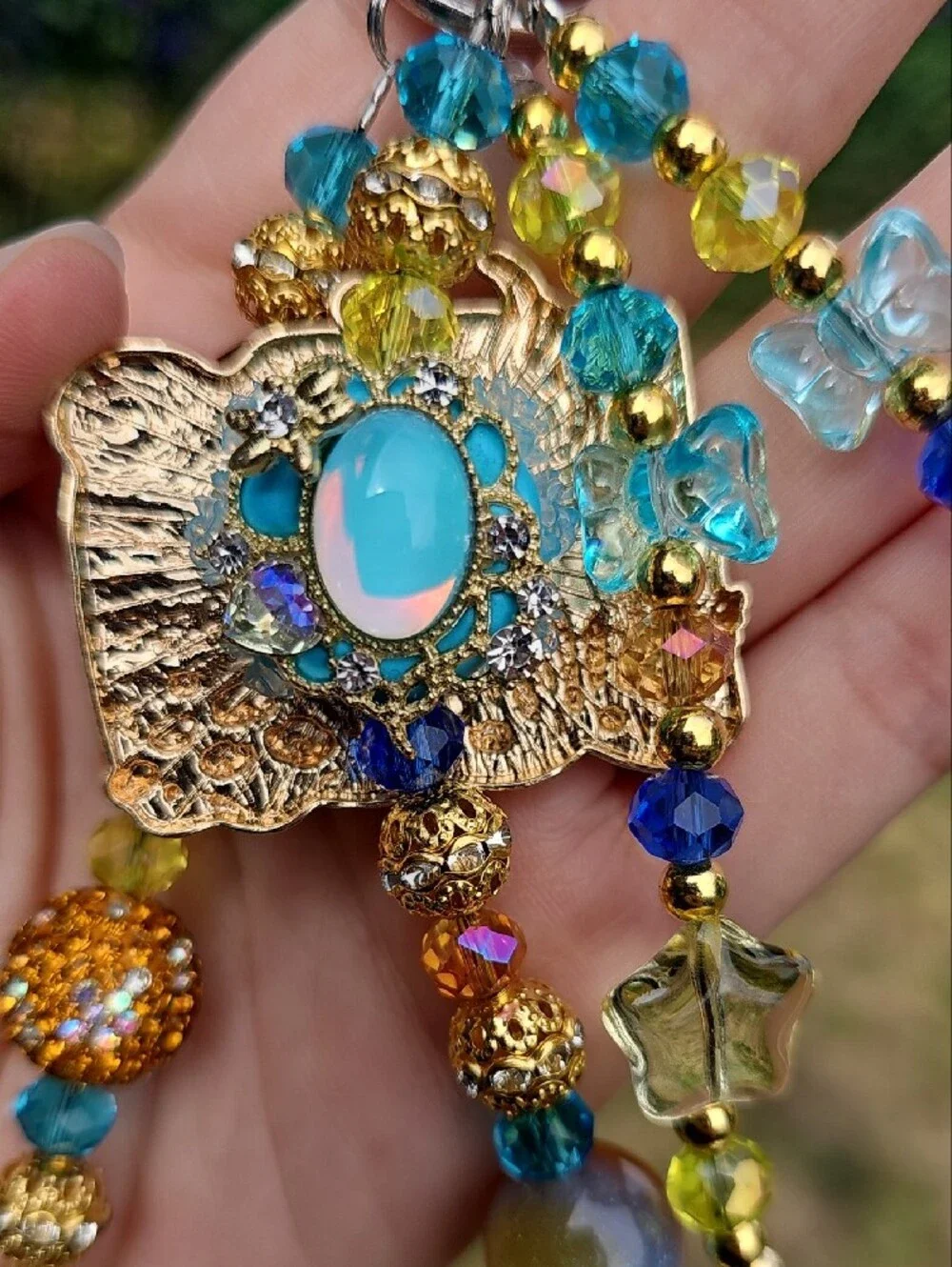 Handmade Beaded Keychain with Starry Night Van G. Landscape Charm - Blue & Gold